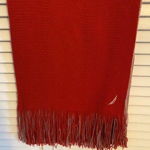 NWT Nautica Red and Cream Reversible Knit Scarf with Fringe Women's or Men's